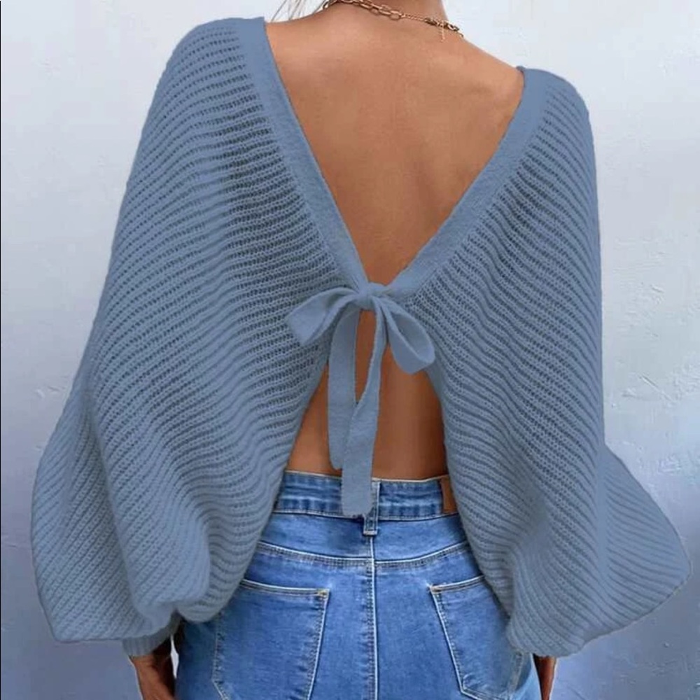 Dusty blue knit open tie back sweater top - Picture 1 of 6